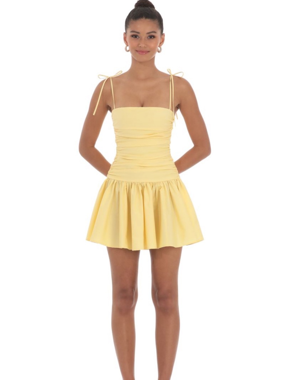 Lucy in the Sky Pale Yellow Ruched Mini Dress with Tie Shoulders
